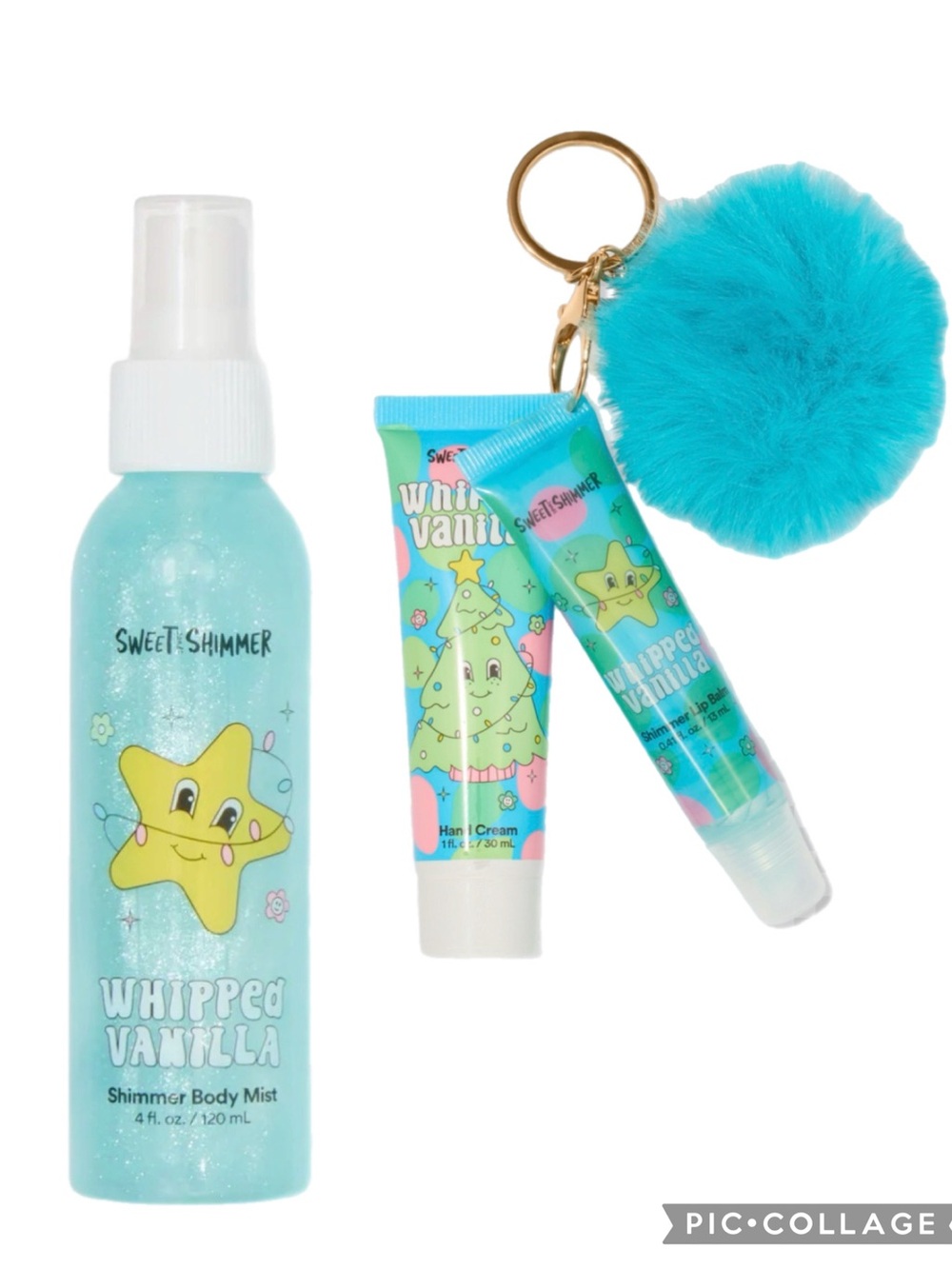 Sweet & Shimmer Vanilla Shimmer Body Mist, Lip Balm, & Hand Cream Keychain Set